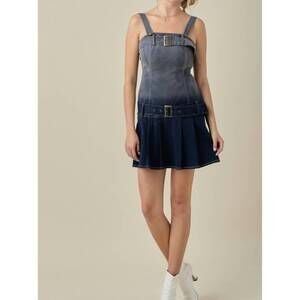 NEW BABY PINK drop waist belted mini dress in dark wash denim